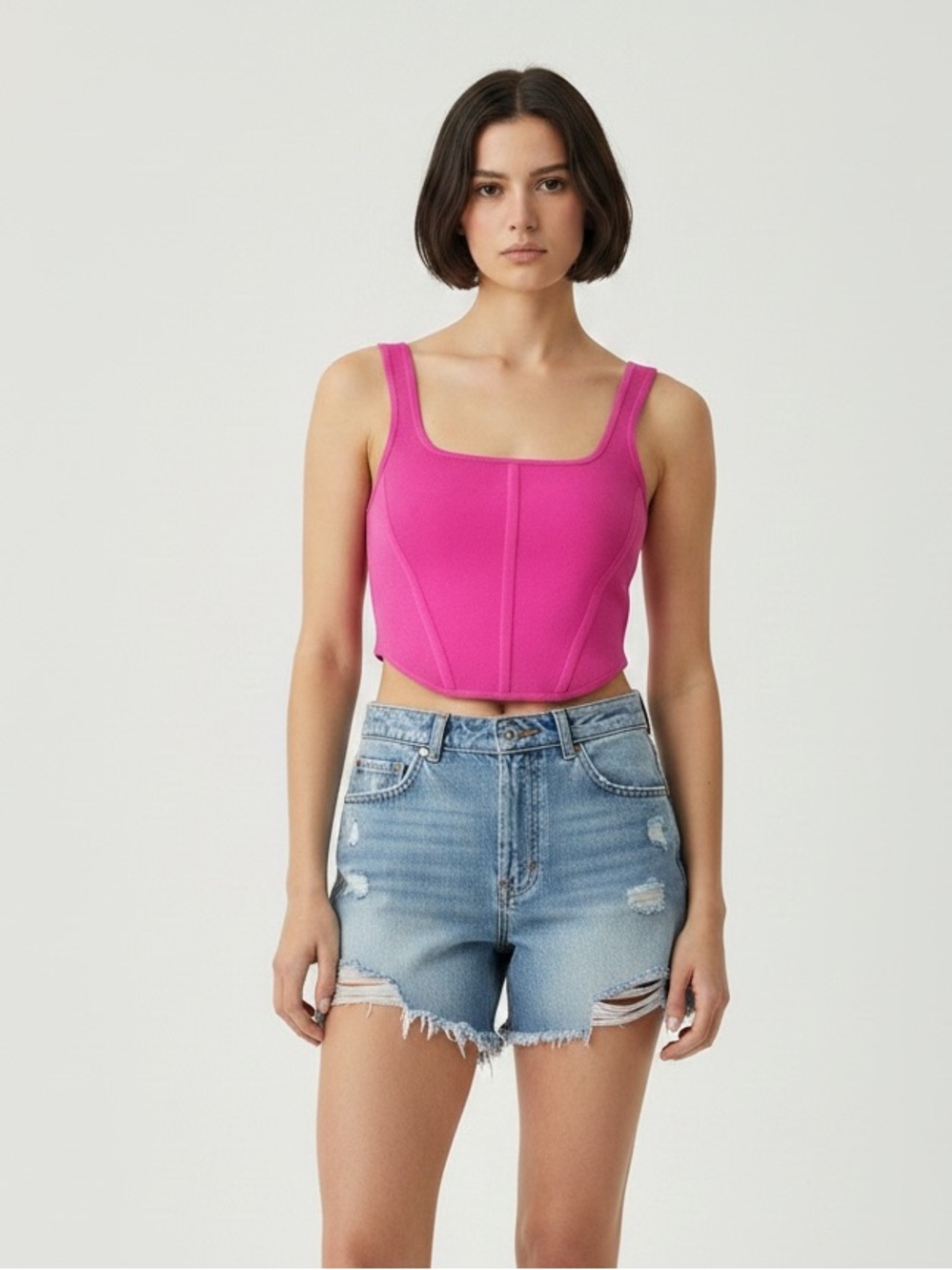Aritzia Babaton Sculpt Knit Corset Crop Top Square Neck Bright Fuchsia Medium